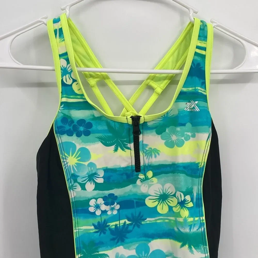 ZeroXposur Swimwear One Piece Racerback Zip Front With Coverup Shorts XL 16